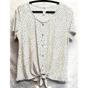 Late August White and Black Polka Dot Button Blouse Short Sleeve Tie Front Sz PL